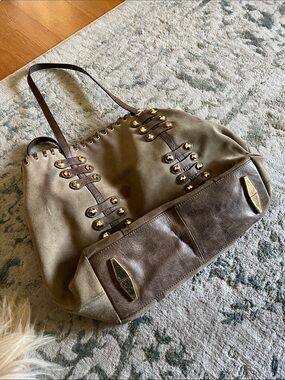 orYANY Olive Green and Brown Leather-Trim Satchel